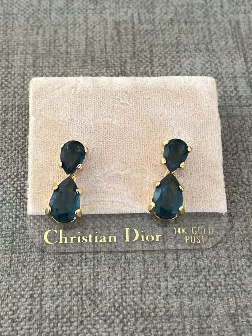 Vintage NWT Christian Dior Teardrop Blue Rhinestone Dangle 14k Gold Post Earring